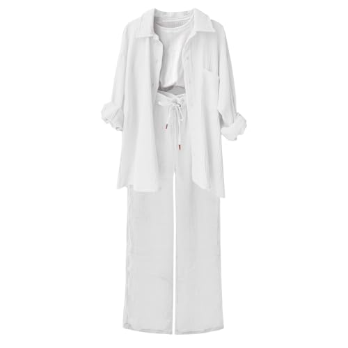 CPIDAH Damen Zweiteiler Sets Musselin Bluse Hemd und Lang Hose Sommer Clothes Aesthetic Zweiteiler Lounge Set Strand Outfit Elegant Set Two Piece Set Freizeit Women Große Größe Weiß XL von CPIDAH