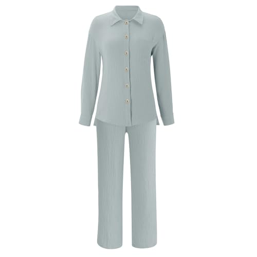 Damen Zweiteiler Sets Musselin Bluse Hemd und Lang Hose Sommer Clothes Aesthetic Zweiteiler Lounge Set Strand Outfit Elegant Set Two Piece Set Freizeit Women Große Größe von CPIDAH