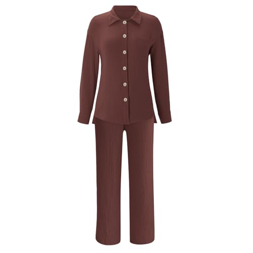 Damen Zweiteiler Sets Musselin Bluse Hemd und Lang Hose Sommer Clothes Aesthetic Zweiteiler Lounge Set Strand Outfit Elegant Set Two Piece Set Freizeit Women Große Größe von CPIDAH