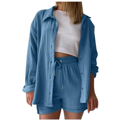 CPIDAH Sommer Zweiteiler Damen Elegant Langarm Musselin Bluse Hemd und Shorts Baumwolle Y2K Clothes Aesthetic Oversize Lounge Sets Strand Outfit Women Große Größe Two Piece Set Freizeitanzug von CPIDAH