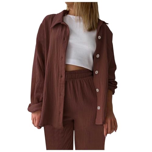 CPIDAH Zweiteiler Damen Lang Sommer Musselin Bluse Hemd und Hosen Clothes Elegant Lounge Set Strand Outfit Set Two Piece Mode Leicht Freizeit Oberteile Loungewear Freizeitanzug Outfit Kaffee L von CPIDAH