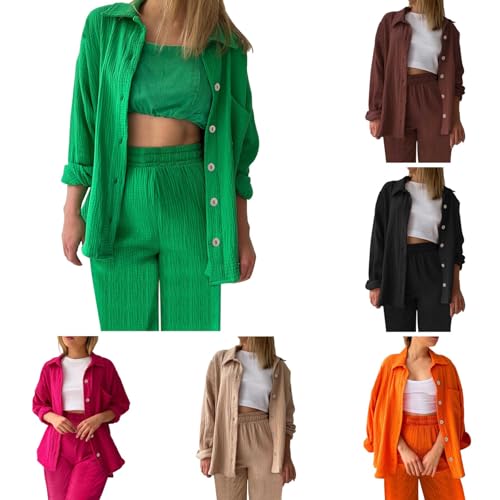 CPIDAH Zweiteiler Damen Lang Sommer Musselin Bluse Hemd und Hosen Clothes Elegant Lounge Set Strand Outfit Set Two Piece Mode Leicht Freizeit Oberteile Loungewear Freizeitanzug Outfit Grün L von CPIDAH