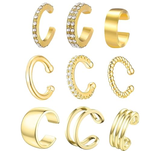 9 Stück Ohrmanschette Ear Cuff Set für Damen - Nicht Durchstochen Ear Cuff Clip Ohrringe Non Piercing Gold Knorpelohrringe Fake Ohrringe von CPRNQY