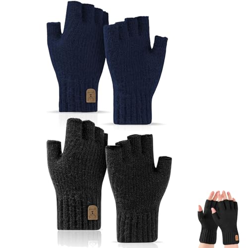 CPRNQY 2 Paar Fingerlose Handschuhe Herren, Handschuhe Ohne Finger, Winter Knit Touchscreen Warm Stretchy Half Finger Fingerlose für Männer Arbeiten Radfahren Camping Wandern Laufen Fahren von CPRNQY