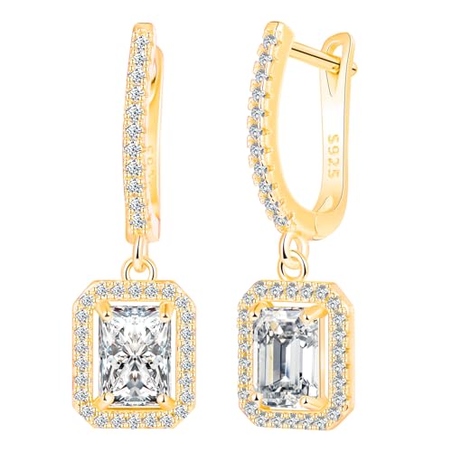 CPSLOVE Damen 925 Silber Ohrringe Luxus Quadrat Zirkonia Ohrhänger Mädchen French Clasp Creolen Elegante Geschenke Party Ohrschmuck Hochzeits Ohrringe, Gold von CPSLOVE