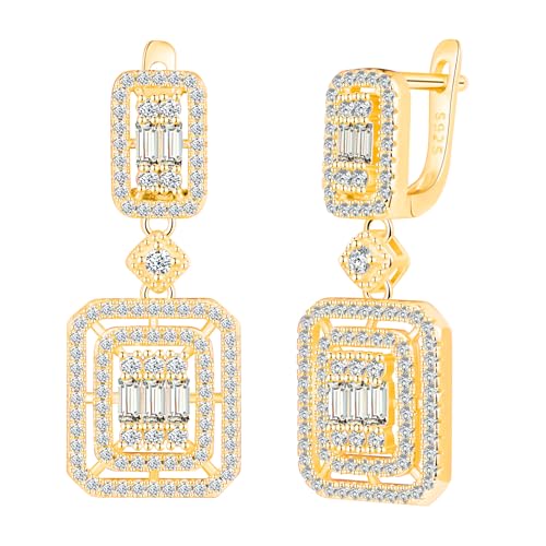 CPSLOVE Damen 925 Silber Ohrringe Luxus Quadrat Zirkonia Ohrhänger Mädchen French Clasp Elegante Geschenke Party Ohrschmuck Hochzeits Ohrringe, Gold von CPSLOVE