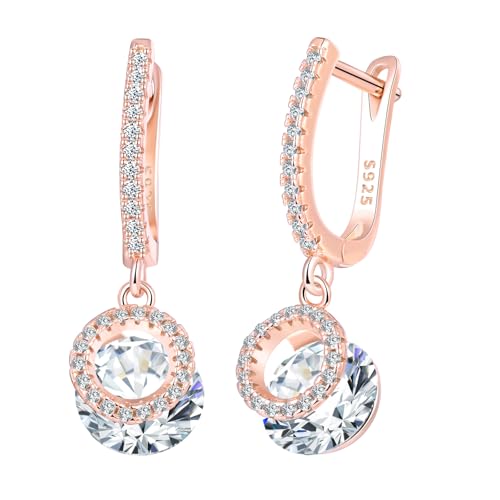 CPSLOVE Damen 925 Silber Ohrringe Luxus Runder Zirkonia Ohrhänger Mädchen French Clasp Creolen Elegante Geschenke Party Ohrschmuck Hochzeits Ohrringe, Rosegold von CPSLOVE