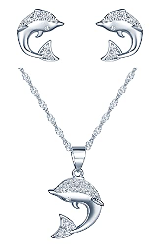 CPSLOVE Damen Delphin Schmuck-Sets, 925 Sterling silber halskette ohrringe, Damen Mädchen Halskette Anhänger, Damen Mädchen Ohrringe, netter delphin halskette und ohrringe, eingelegter zirkon, Silber von CPSLOVE