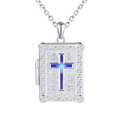 CPSLOVE Damen Fotos Halskettes Medaillons 925 Silber Bibel Blau Kreuz Ketten Öffnen Anhänger Mädchen Personalisierte Photo Openable Anhänger Religiöse Schmuck von CPSLOVE