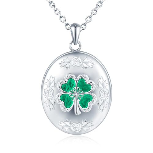 CPSLOVE Damen Fotos Halskettes Medaillons Grüne Vierblättriges Kleeblatt 925 Silber Ketten Vintage Ovaler Öffnen Anhänger Mädchen Personalisierte Photo Openable Anhänger Fashion Schmuck von CPSLOVE