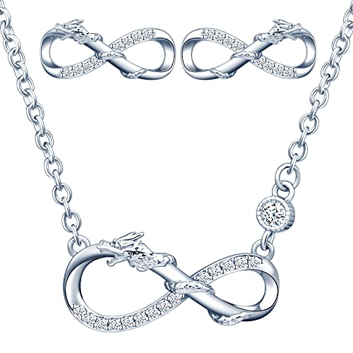 CPSLOVE Damen Halskette Ohrringe, Infinity Symbol-Tiere Schmuck-Sets, 925 silber halskette ohrringe, Unendlichkeitssymbol-Drachen anhänger ohrringe, Eingelegter Zirkon, Einstellbare Kettenlänge von CPSLOVE