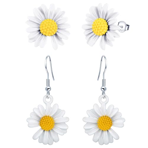 CPSLOVE Damen Kreative Gänseblümchen Ohrringe 925 Sterling Silber Elegante Blume Ohrhänger für Mädchen Mode Bunte Ohrstecker Set aus 2 Paaren von CPSLOVE