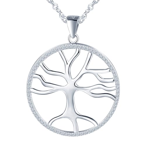 CPSLOVE Damen Kreativer Baum des Lebens Zirkon Halskette, 925 Silber Tree of Life Ketten Anhänger mit 45cm Singapurkette, Durchmesser 3cm von CPSLOVE