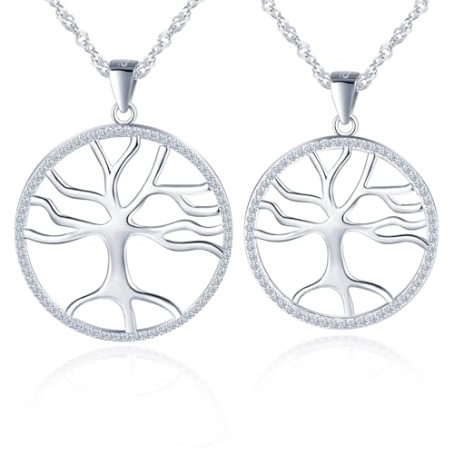 CPSLOVE Damen Kreativer Baum des Lebens Zirkon Halskette, 925 Silber Tree of Life Ketten Anhänger mit 45cm Singapurkette, Sets 2 Stück von CPSLOVE