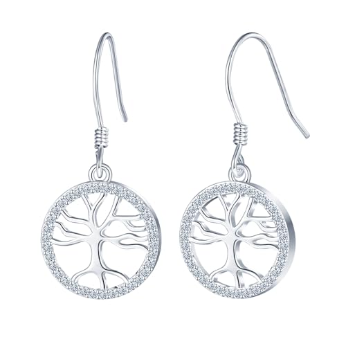 CPSLOVE Damen Mädchen Baum des Lebens Ohrringe 925 Silber Zirkonia Ohrhänger mit Fischhaken Einfache Tree of Life Ohrschmuck von CPSLOVE