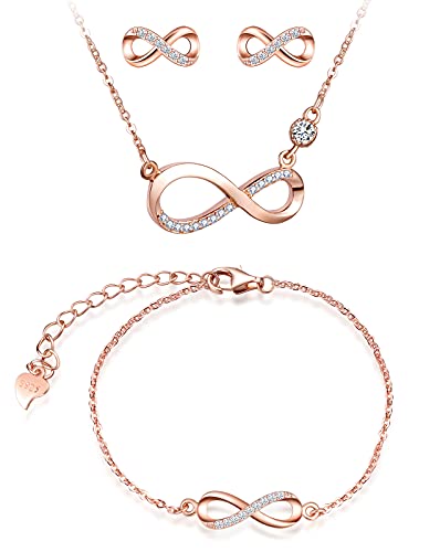 CPSLOVE Damen Mädchen Halskette Armbänder Ohrringe, Infinity Symbol Schmuck-Sets, 925 silber anhänger armband ohrringe, Unendliche liebe und kraft, Zirkon, Einstellbare Kettenlänge, Rosegold von CPSLOVE