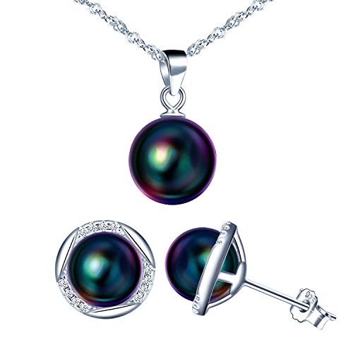 CPSLOVE Damen Mädchen Perlen Halskette Ohrringe 925 Sterling Silber Perlenschmuck Set Farbe Perle kette Anhänger und Perle Ohrstecker, eingelegter Zirkon, Eleganter Schmuck von CPSLOVE