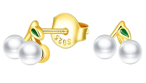 CPSLOVE Damen Perlen Ohrringe 925 Sterling Silber Kreative Kirschen Perlen Ohrstecker für Mädchen Schmuck Gold von CPSLOVE