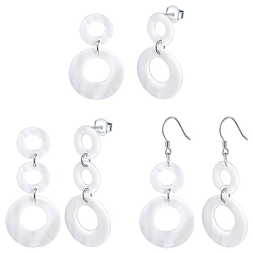 CPSLOVE Damen Runde Muschel Ohrringe 925 Sterling Silber Mode Weiße Kreis Ohrhänger für Mädchen Kreative Schmuck Set aus 3 Paaren von CPSLOVE