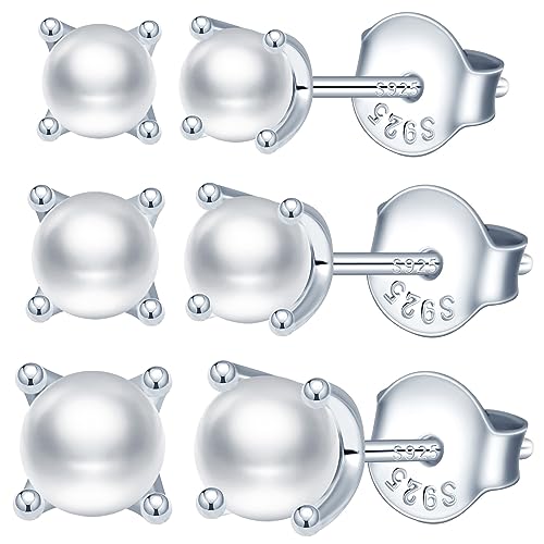 CPSLOVE Damen Schlichte Perlen Ohrringe 925 Sterling Silber Elegante 4 Claw Perlen Ohrstecker für Mädchen Set aus 3 Paaren in Verschiedenen Größen Silber von CPSLOVE