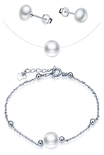 CPSLOVE Damen Schmuck-Sets, 925 silber, Damen Mädchen Halskette Anhänger Armbänder Ohrringe, perlen ohrringe, perlen armband, perlen schlüsselbeinhalskette, transparente unsichtbare halskette von CPSLOVE