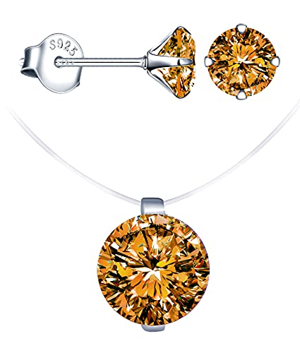 CPSLOVE Damen Schmuck-Sets, Damen Halskette Anhänger, Damen Ohrringe, 925 silber, diamant schlüsselbeinhalskette, diamant ohrringe, transparente unsichtbare halskette aus Nylonseil, Gelb von CPSLOVE