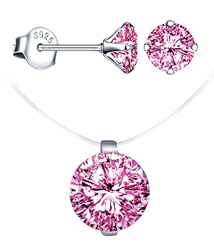 CPSLOVE Damen Schmuck-Sets, Damen Halskette Anhänger, Damen Ohrringe, 925 silber, diamant schlüsselbeinhalskette, diamant ohrringe, transparente unsichtbare halskette aus Nylonseil, Rosa von CPSLOVE