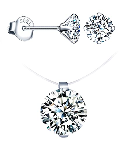 CPSLOVE Damen Schmuck-Sets, Damen Halskette Anhänger, Damen Ohrringe, 925 silber, diamant schlüsselbeinhalskette, diamant ohrringe, transparente unsichtbare halskette aus Nylonseil, Silber von CPSLOVE