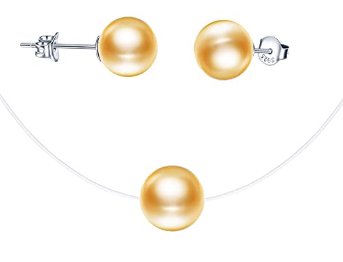 CPSLOVE Damen Schmuck-Sets, damen Halskette Anhänger, damen Perlen Ohrringe, 925 silber, Perlenkette, perlen schlüsselbeinhalskette, transparente unsichtbare halskette aus Nylonseil, Gelb von CPSLOVE