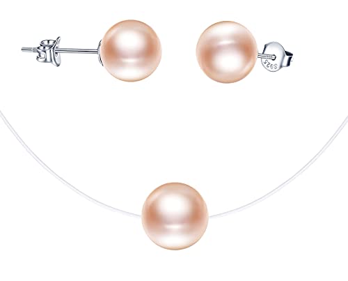 CPSLOVE Damen Schmuck-Sets, damen Halskette Anhänger, damen Perlen Ohrringe, 925 silber, Perlenkette, perlen schlüsselbeinhalskette, transparente unsichtbare halskette aus Nylonseil, Rosa von CPSLOVE