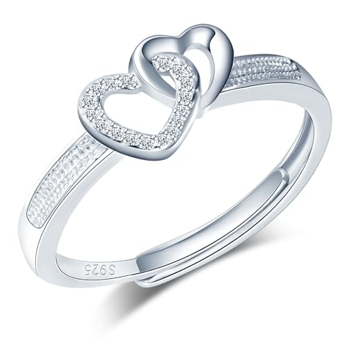 CPSLOVE Damen Silber Verstellbare Ringe 925 Sterling Silber Mädchen Elegante Doppel Herz mit Zirkon Offener Ring Verlobungsringe Eheringe von CPSLOVE