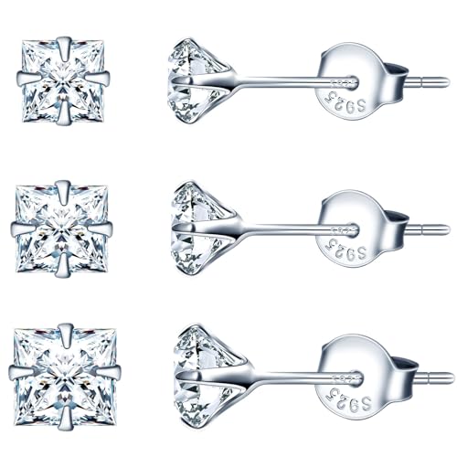 CPSLOVE Damen Solitär Ohrringe 925 Sterling Silber Elegante 4 Claw Diamant Ohrstecker für Mädchen Ohrringe mit Quadratische Zirkonia Set aus 3 Paaren in Verschiedenen Größen von CPSLOVE