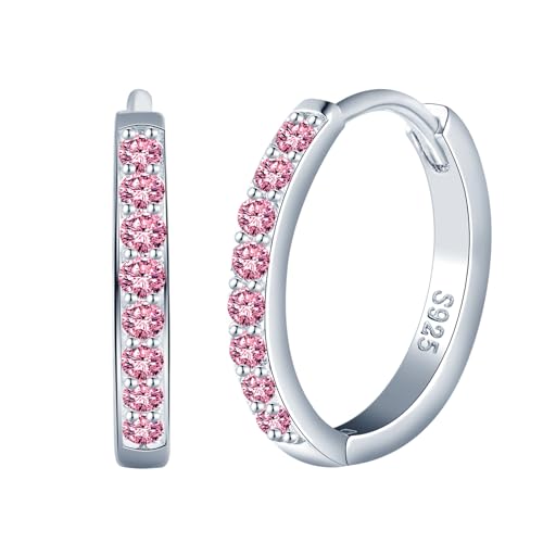 CPSLOVE Elegante Damen Ohrringe 925 Sterling Silber Creolen Mädchen Fashion Reifen Ohrringe mit Rosa Zirkonia Hoop Durchmesser 1.2cm von CPSLOVE