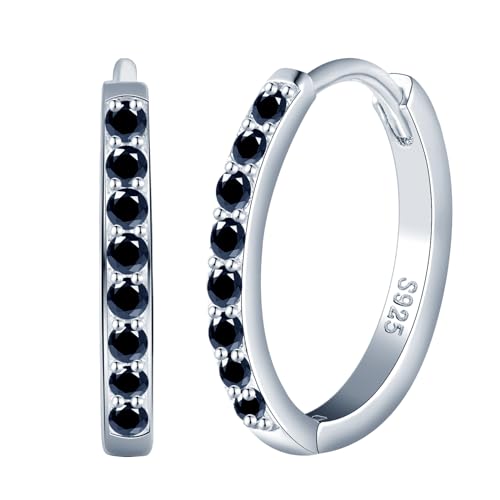 CPSLOVE Elegante Damen Ohrringe 925 Sterling Silber Creolen Mädchen Fashion Reifen Ohrringe mit Schwarz Zirkonia Hoop Durchmesser 1.4cm von CPSLOVE