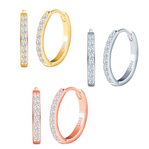 CPSLOVE Elegante Damen Ohrringe 925 Sterling Silber Creolen Mädchen Fashion Reifen Ohrringe mit Zirkonia Hoop Durchmesser 1.4cm, Drei Paare Set von CPSLOVE