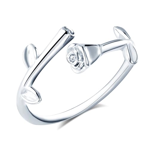 CPSLOVE Elegante Damen Silber Verstellbare Ringe 925 Sterling Silber Mädchen Kreativer Rose mit Zirkon Ring Offener Ring Eheringe Verlobungsringe von CPSLOVE