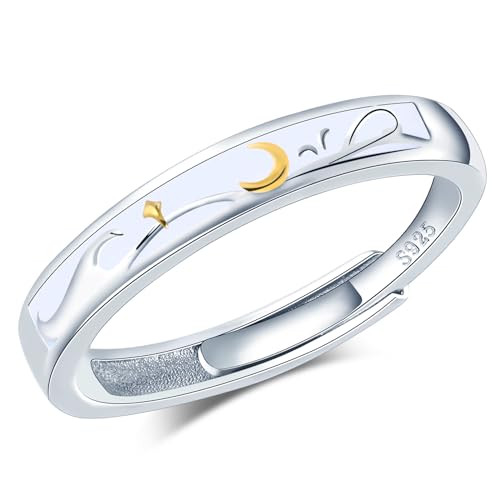 CPSLOVE Elegante Damen Silber Verstellbare Ringe 925 Sterling Silber Mädchen Kreativer Stern-Mond Zirkon Ring Offener Ring Paar Eheringe Verlobungsringe von CPSLOVE