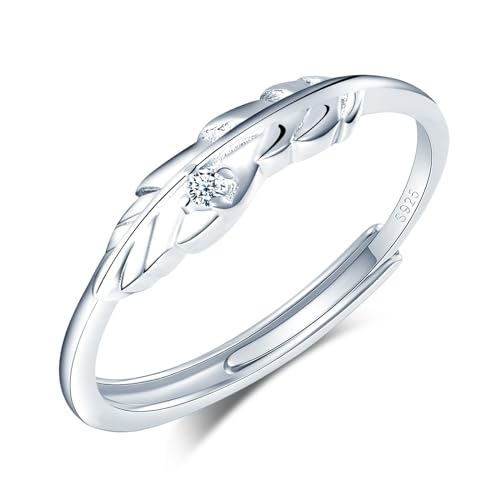 CPSLOVE Damen Silber Verstellbare Ringe 925 Sterling Silber Mädchen Elegante Feder mit Zirkon Offener Ring von CPSLOVE