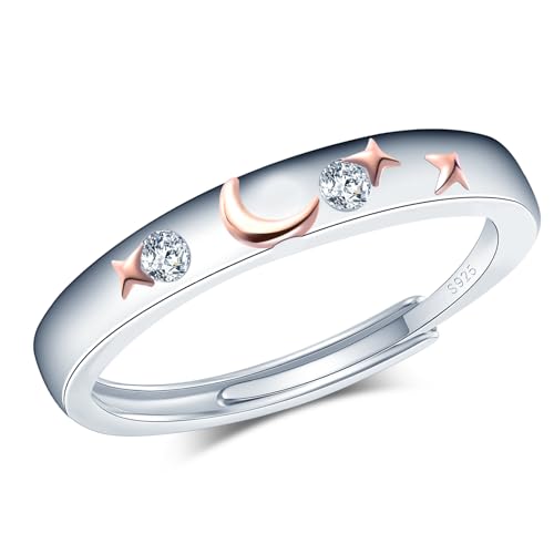 CPSLOVE Elegante Damen Silber Verstellbare Ringe 925 Sterling Silber Mädchen Kreativer Stern-Mond Zirkon Ring Offener Ring Paar Eheringe Verlobungsringe von CPSLOVE