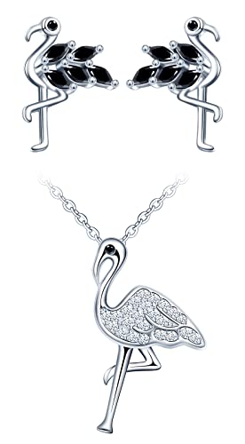 CPSLOVE Elegante Flamingo Halskette und Ohrringe für Damen Mädchen, 925 Silber Schmuck-Sets, Flamingo Zirkon Ketten Anhänger, Flamingo Schwarzer Kristall Ohrringe von CPSLOVE