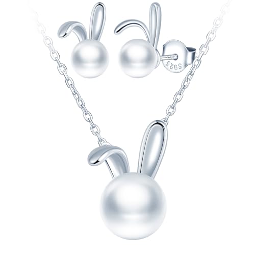 CPSLOVE Elegante Hasen Perlen Ketten Halskette Perlen Ohrringe Damen Mädchen 925 Silber Schmuck Sets Fashion Bunny Perlen Anhänger Ohrstecker von CPSLOVE