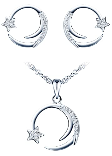 CPSLOVE Elegante Mond und Sterne Halskette und Ohrringe für Damen Mädchen, 925 Silber Schmuck-Sets, Mond Sterne Ketten Anhänger, kreative Mond Sterne Ohrringe, Eingelegter Zirkon von CPSLOVE