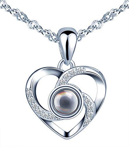CPSLOVE 925 Silber Herz Halskette Anhänger, schwarzer Glasstein mit 100 Sprachen "Ich liebe dich" Projektion von CPSLOVE