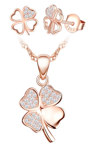 CPSLOVE Fashion Damen Kleeblatt Ketten Anhänger und Glücks Klee Hohle Ohrringe 925 Silber Vierblättriges Schmuck Sets Elegante Mädchen Rosegold Zirkon Halskette und Ohrstecker Ohrschmuck von CPSLOVE