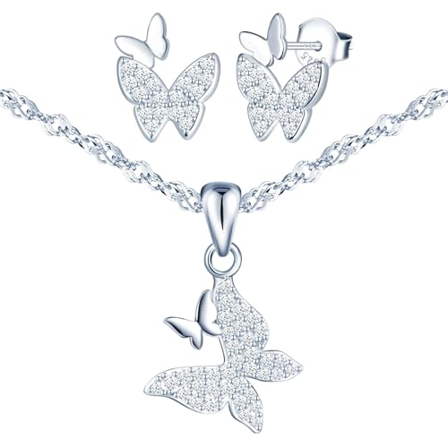 CPSLOVE Fashion Damen Schmetterlings Ketten Anhänger Ohrringe 925 Silber Schmuck Sets Kreative Mädchen Doppelter Schmetterling Zirkon Halskette Ohrstecker Ohrschmuck von CPSLOVE