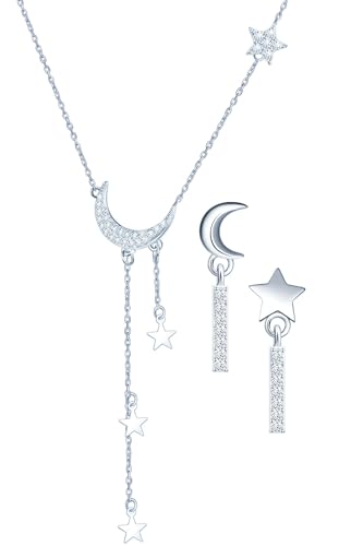 CPSLOVE Fashion Mond Zirkon Ketten Anhänger Asymmetrische Stern Mond Ohrhänger Ohrringe 925 Silber Schmuck Sets Elegante Damen Mädchen Silber Halskette Zirkon Ohrschmuck von CPSLOVE