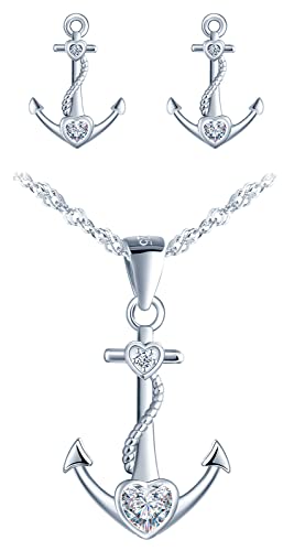 CPSLOVE Halskette Ketten Ohrringe für Damen mädchen, 925 Silber Schmuck-Sets, Anker - Herz Halskette Anhänger, 45cm Kette, Anker Ohrringe, Eingelegter Zirkon, silber von CPSLOVE