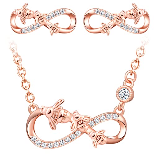 CPSLOVE Halskette Ketten Ohrringe für Damen mädchen, 925 Silber Schmuck-Sets, Unendlichkeitssymbol - Biene Halskette Anhänger, Biene Ohrringe, Eingelegter Zirkon, rose gold von CPSLOVE