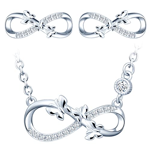 CPSLOVE Halskette Ketten Ohrringe für Damen mädchen, 925 Silber Schmuck-Sets, Unendlichkeitssymbol - Schmetterlings Halskette Anhänger, Schmetterlings Ohrringe, Eingelegter Zirkon, silber von CPSLOVE