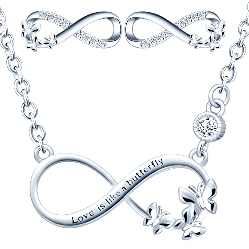 CPSLOVE Halskette Ketten Ohrringe für Damen mädchen, 925 Silber Schmuck-Sets, Unendlichkeitssymbol - Schmetterlings Halskette Anhänger, Schmetterlings Ohrringe, Eingelegter Zirkon, silber von CPSLOVE